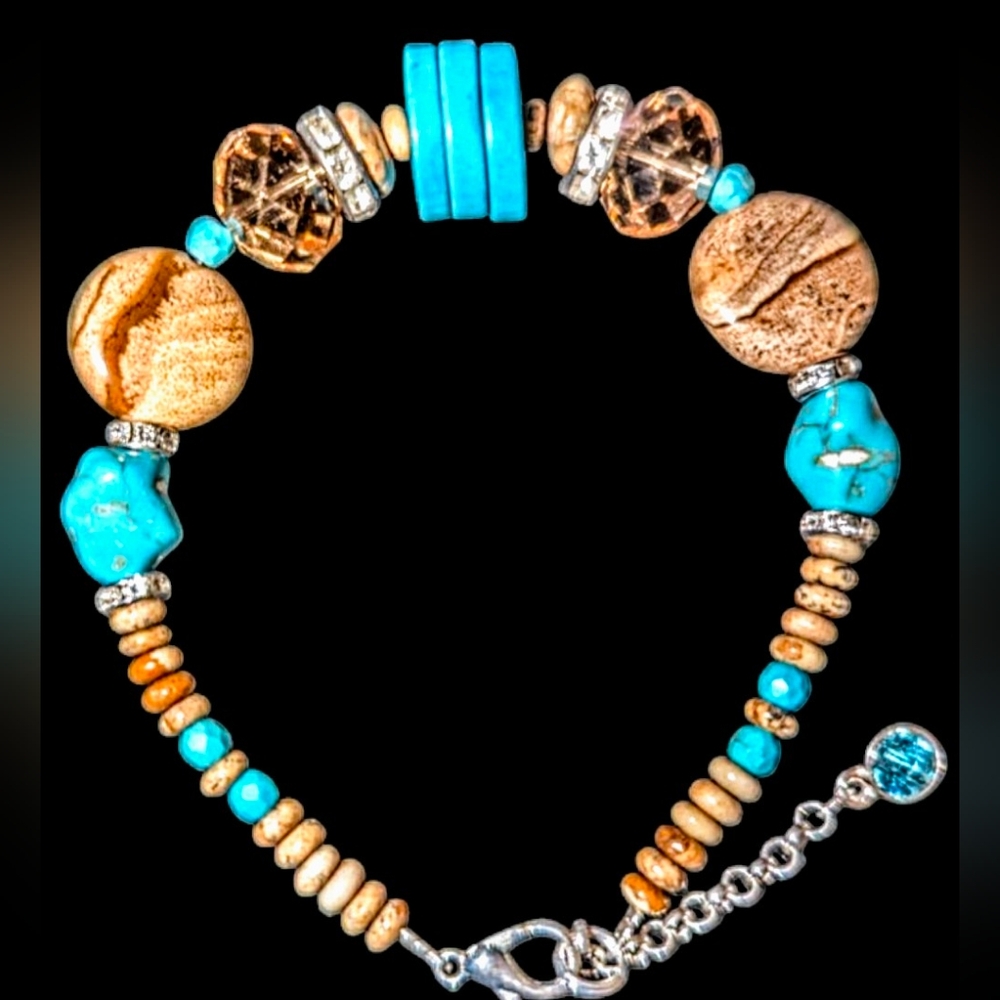 Turquoise Color and Wood Jasper Beaded Bracelet On The Wire With Extender